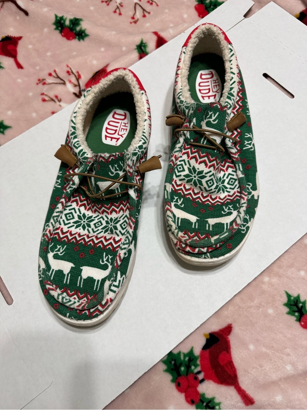Hey Dude Green Red White Holiday Knit Slip-On Shoes